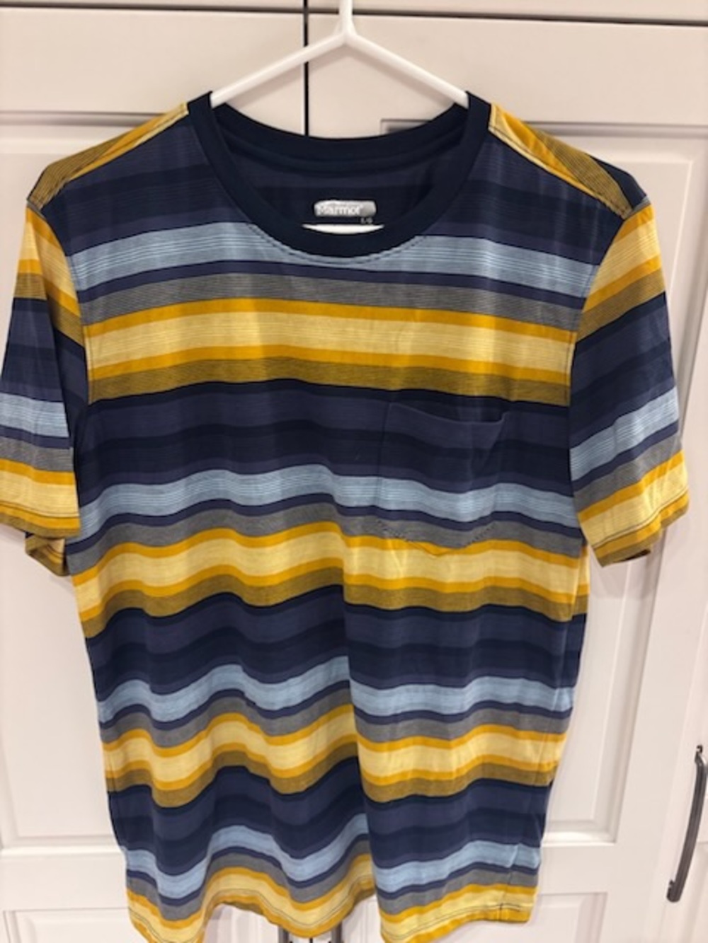 Marmot Men's Short-Sleeve Striped Crew Tee in Navy, Light Blue & Mustard lrg